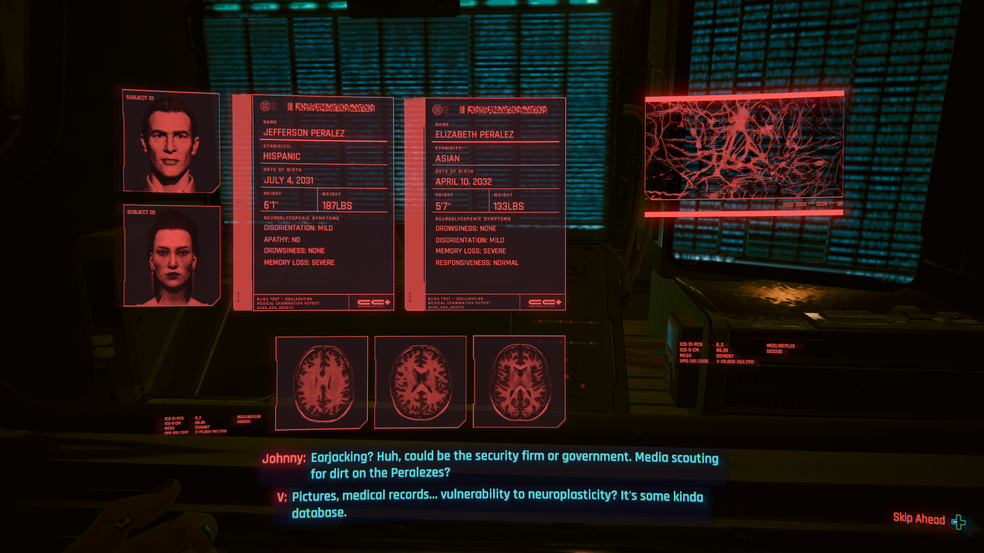 data showing a full analysis of the Peralezs' brain records in Cyberpunk 2077.