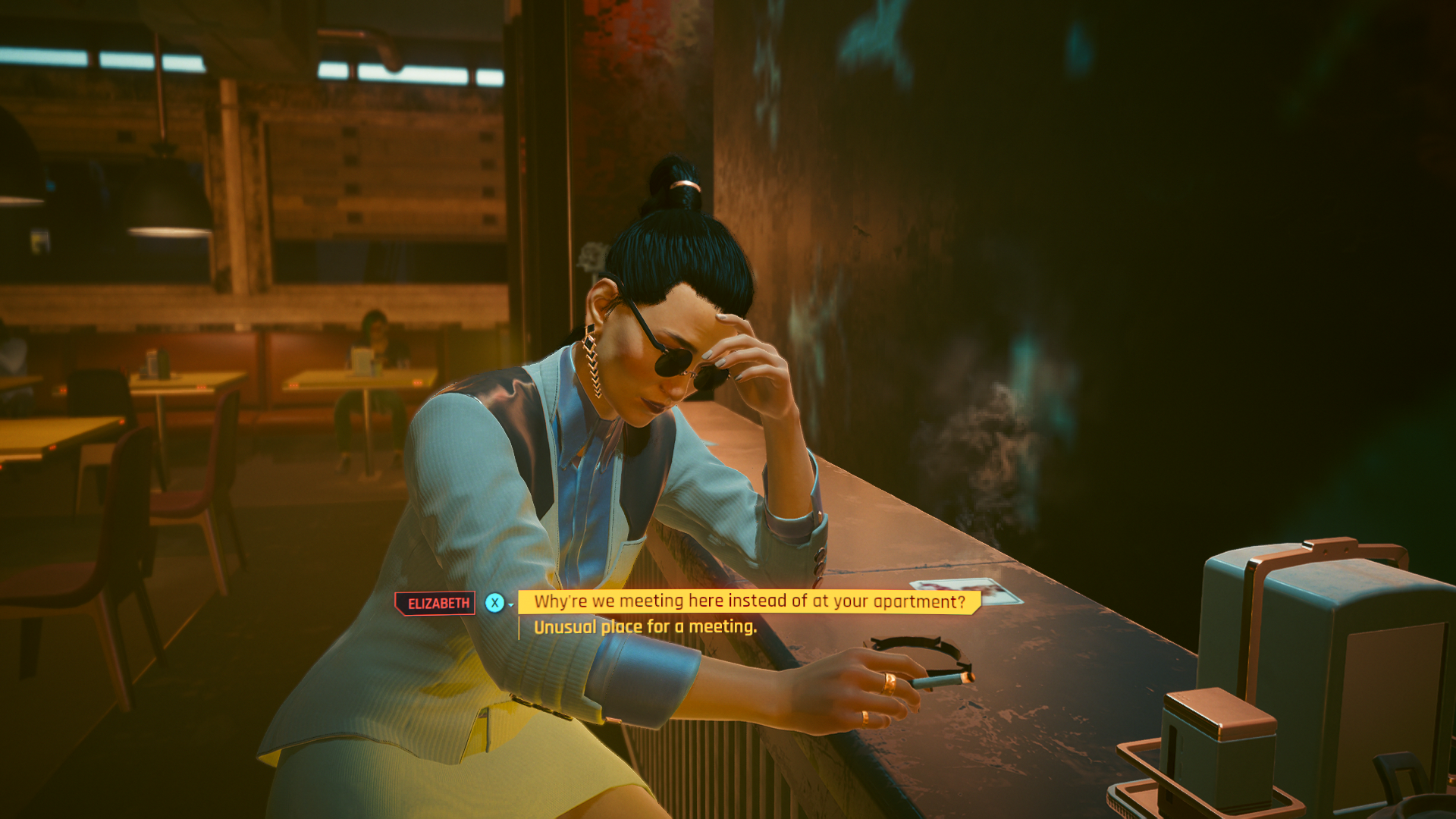 Elizabeth Peralez sitting across from V in a ramen shop (Cyberpunk 2077).