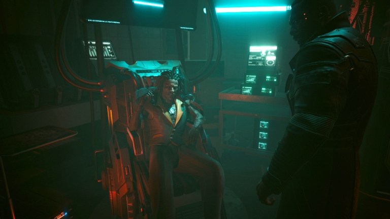 Slider, a criminal netrunner from Cyberpunk 2077, being questioned by Reed.