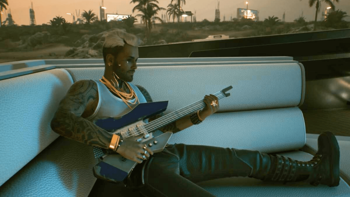 Kerry Eurodyne playing his guitar on a couch in Cyberpunk 2077