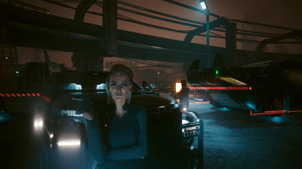 Meredith Stout, a Militech Manager from cyberpunk 2077, standing outside of a black sedan at night