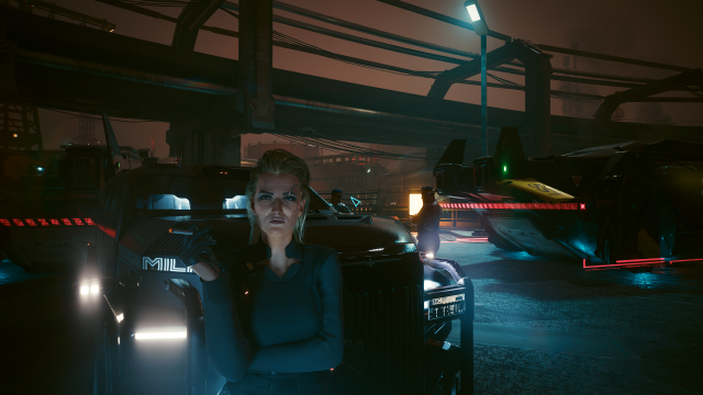 Meredith Stout, a Militech Manager from cyberpunk 2077, standing outside of a black sedan at night