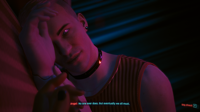 Angel, a Cloud nightclub employee, lying on his side and looking V in the eyes (Cyberpunk 2077).