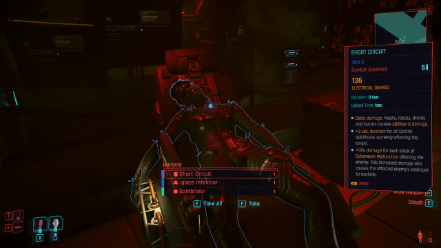 image displays a dead netrunner in a chair in Cyberpunk 2077.