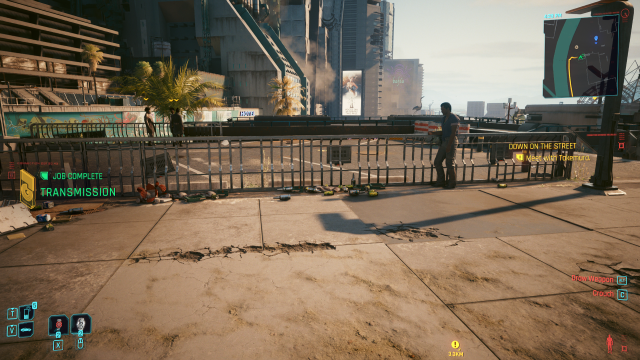 image displays a sunny day in Night City (Cyberpunk 2077).