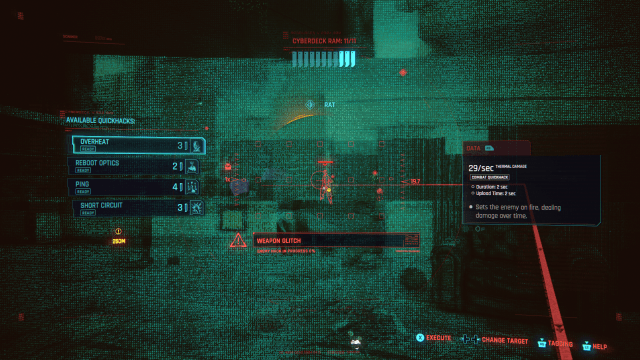 Hacking menu overriding the player's vision, highlighting targets in red.