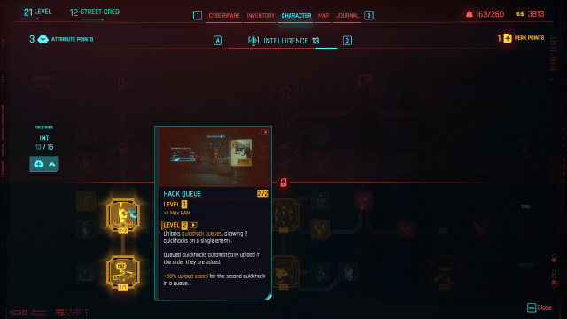 image displays the description for the skill Hack Queue in Cyberpunk 2077.
