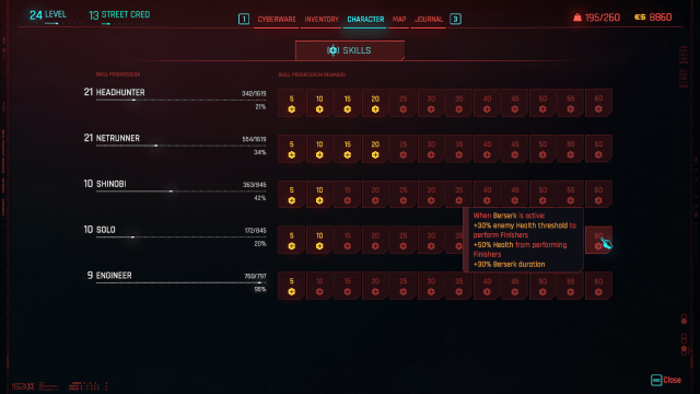 Cyberpunk 2077's Skill Progression menu with Solo highlighted.