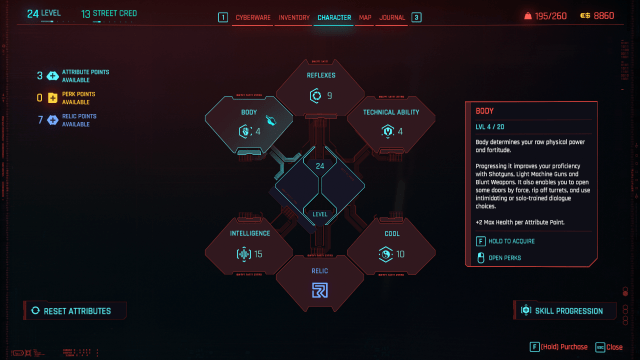 The Character menu tab in Cyberpunk 2077, with the Body Attribute highlighted.