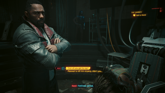 Reed standing over Slider's corpse in Cyberpunk 2077.