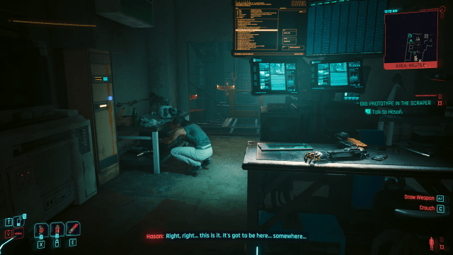 Hasan searching for the schematics in Prototype in the Scraper (Cyberpunk 2077).