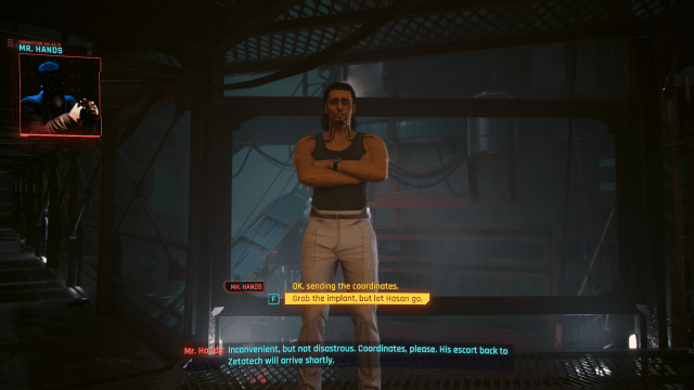 Hasan standing and speaking to V at the end of Prototype in the Scraper (Cyberpunk 2077).