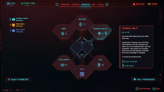 displays the Character menu in Cyberpunk 2077, with Technical Ability highlighted.