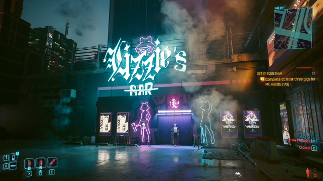 the main entrance of Lizzie's Bar in Cyberpunk 2077.