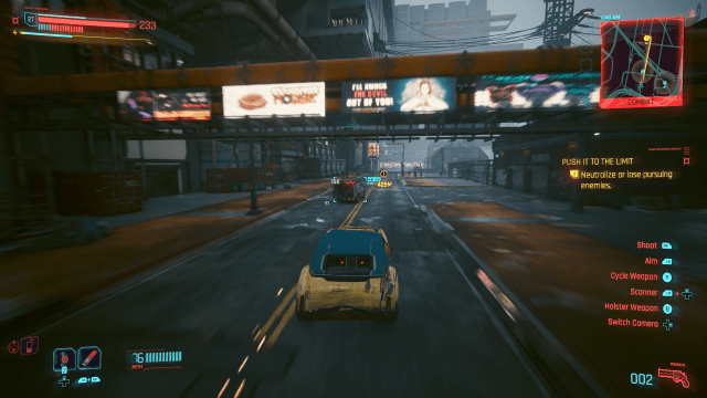 A vehicle shootout at high speed on a road in Night City (Cyberpunk 2077)