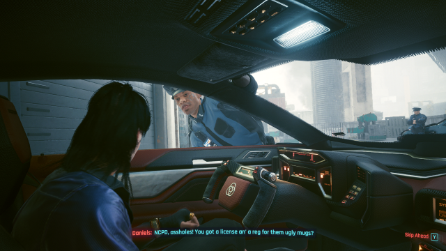 an NCPD officer speaking to El Capitan and V through the window of a vehicle (Cyberpunk 2077).