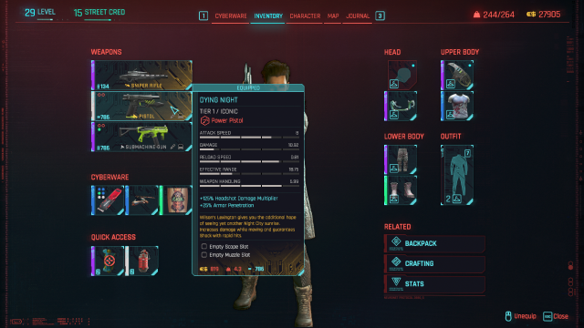 the item stats for the Iconic weapon Dying Night in Cyberpunk 2077.