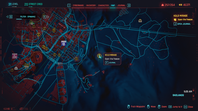 Cyberpunk 2077 map showing a marker for the mission Kold Mirage