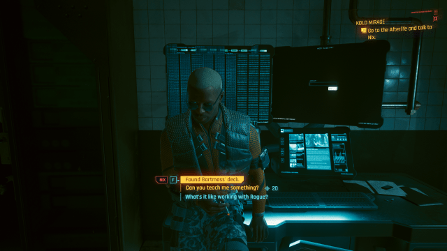 Dialogue options while speaking with Nix in his office during Kold Mirage (Cyberpunk 2077).