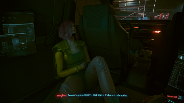 Songbird in the back of a van in The Killing Moon (Cyberpunk 2077).