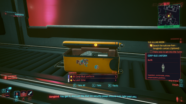 The yellow suitcase containing the Corp-Bud uniform in The Killing Moon (Cyberpunk 2077).