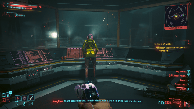 Songbird using a terminal in the maglev control station in The Killing Moon (Cyberpunk 2077).