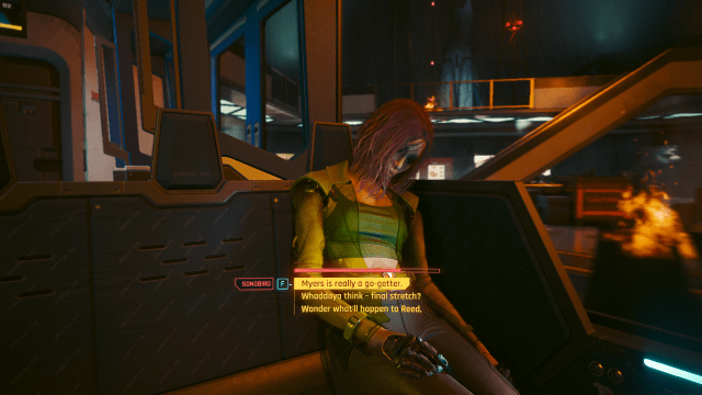 Dialogue options with Songbird on board the train to the space shuttle in The Killing Moon (Cyberpunk 2077).