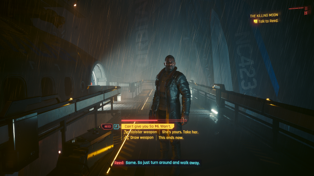 Reed confronting V outside of the space shuttle in the rain in The Killing Moon (Cyberpunk 2077).