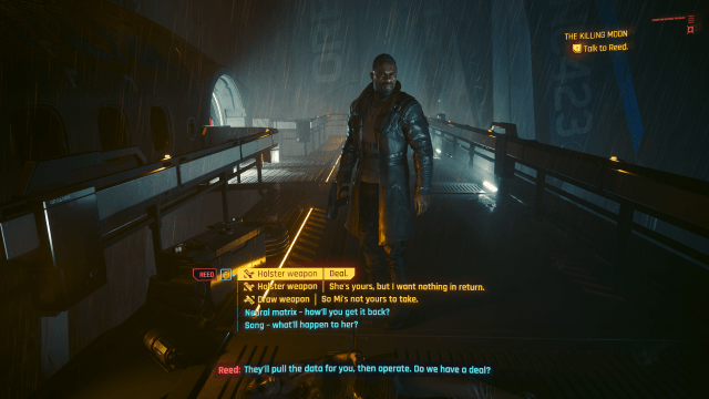 Reed confronting V outside of the space shuttle in the rain in The Killing Moon (Cyberpunk 2077).