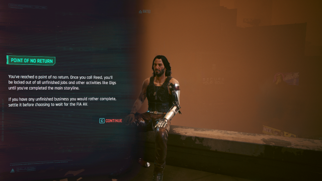 the Point of No Return warning on the roof of Misty's Esoterica in Cyberpunk 2077