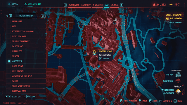 A screenshot of Cyberpunk's map, with the Sweet Dreams quest being tracked and marked in Westbrook (Cyberpunk 2077).