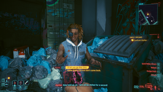 V confronting Stefan in a back alley at the end of Sweet Dreams (Cyberpunk 2077).