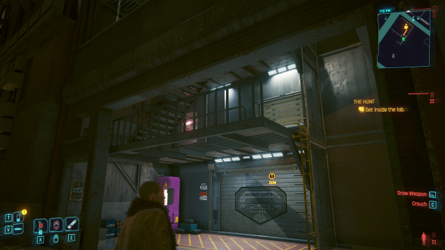 a fire escape with a window and a garage door outside of a laboratory in Cyberpunk 2077.