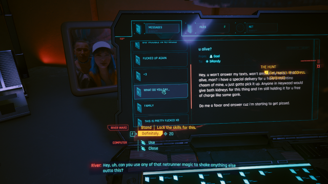 Randy's computer and dialogue options with River to trace an IP address in Cyberpunk 2077.