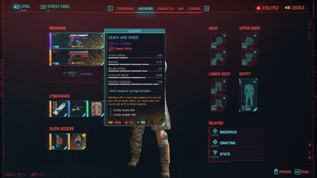 The Inventory menu in Cyberpunk 2077, with the Iconic pistol Death and Taxes equipped.