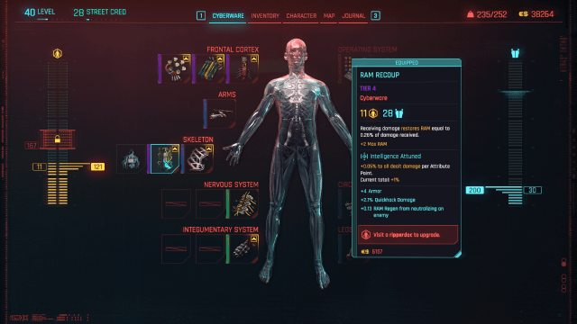 The Cyberware menu in Cyberpunk 2077, with a Skeleton implant that causes V to recover RAM upon taking damage selected.