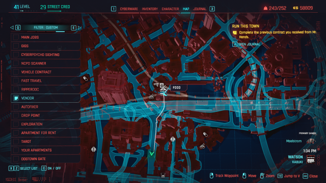 The map of Watson in Cyberpunk 2077, showing a food vendor icon being tracked.