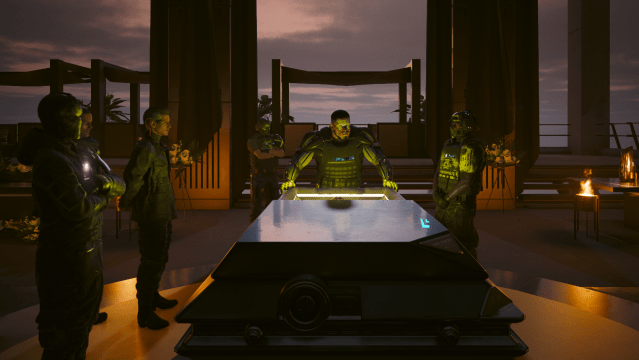 Bennett, Jago, and two guards standing over Kurt Hansen's casket in the Black Sapphire (Cyberpunk 2077).