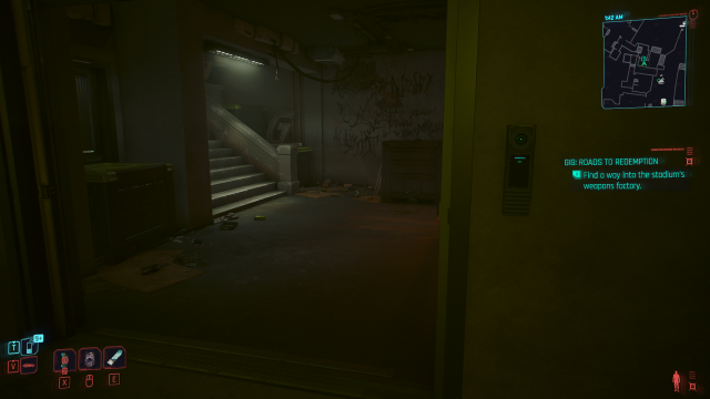 An open door in Dogtown Stadium, with a dim room and a staircase visible within (Cyberpunk 2077).