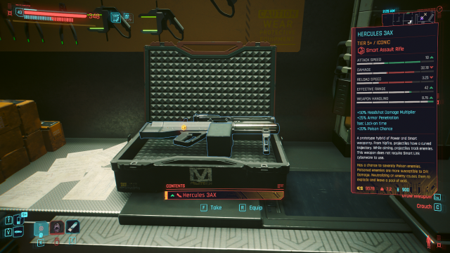 The Iconic weapon Hercules 3AX sitting in a weapon case on a desk in Cyberpunk 2077.