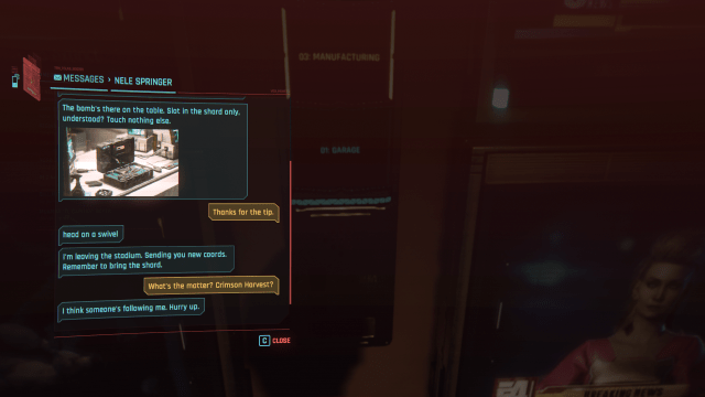A text message from Nele in cyberpunk 2077, stating that she thinks she is being followed.