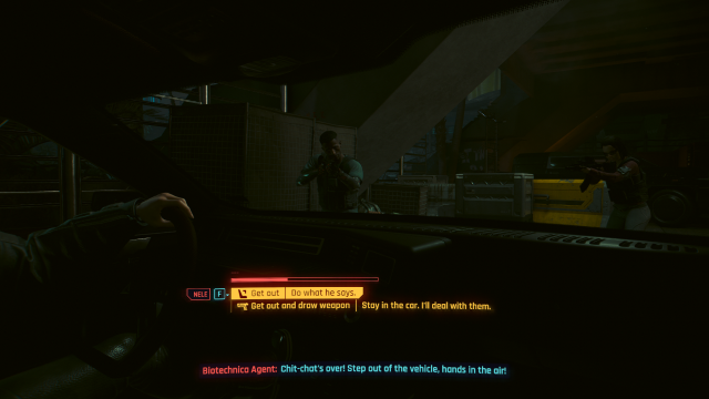 V and Nele being confronted by men with guns surrounding the car (Cyberpunk 2077).