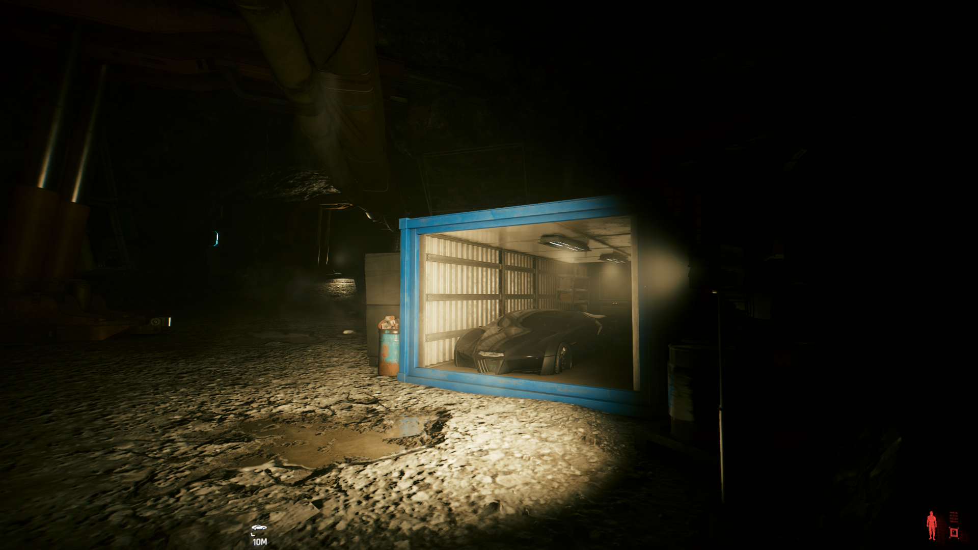 A Rayfield Caliburn parked in a blue shipping container inside a cave in Cyberpunk 2077.