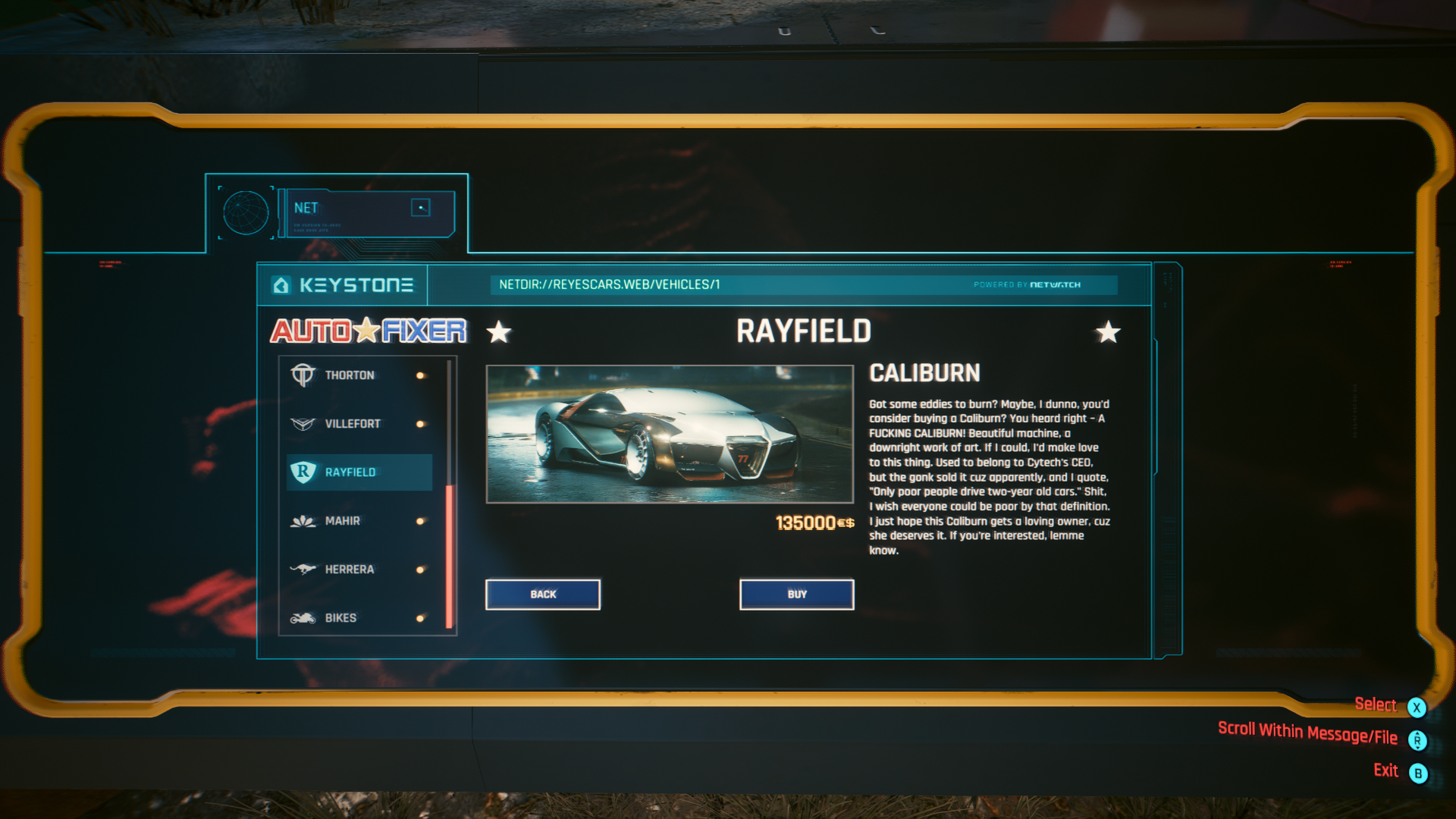 An AUTOFIXER netpage listing for a Rayfield Caliburn in Cyberpunk 2077.