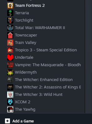 Image of the game library in Steam, showing the "add a game" feature.