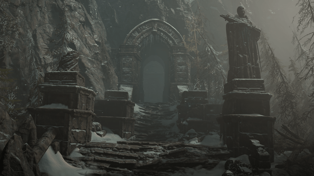 Diablo 4 screenshot of a snowy dungeon entrance