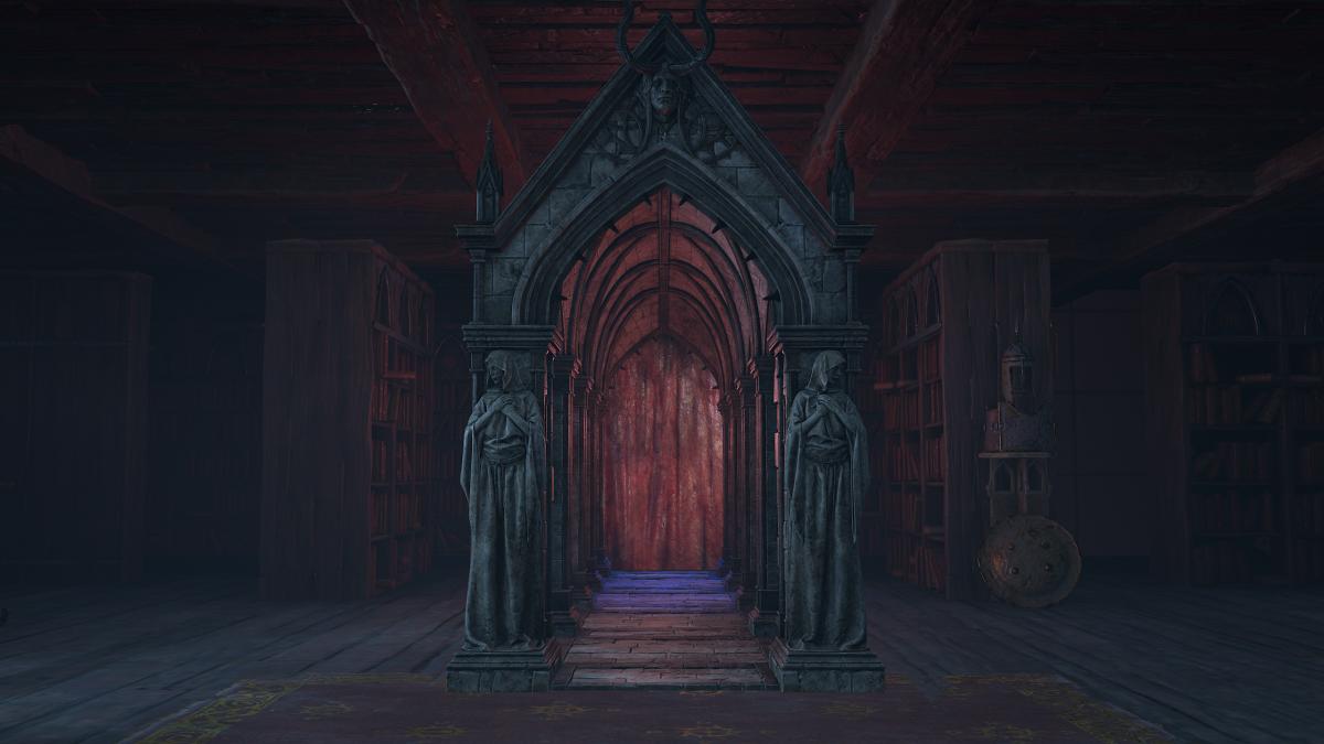 A screenshot of a red doorway in Diablo 4