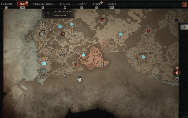 Image of the map in Diablo 4 showing the location of the Gaping Crevasse dungeon location.