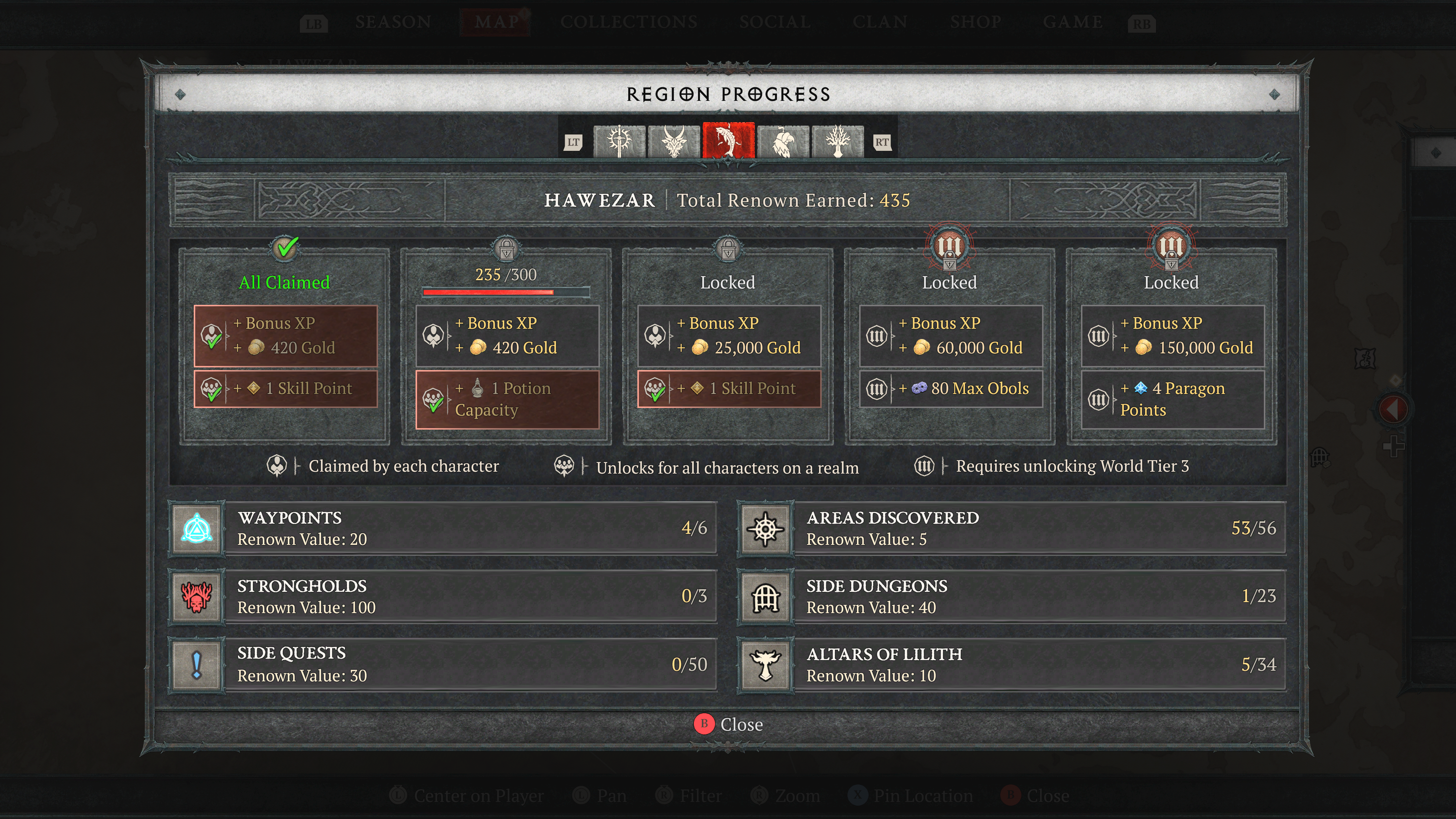 The Renown screen in Diablo 4 showing available and claimed rewards, as well as progress.