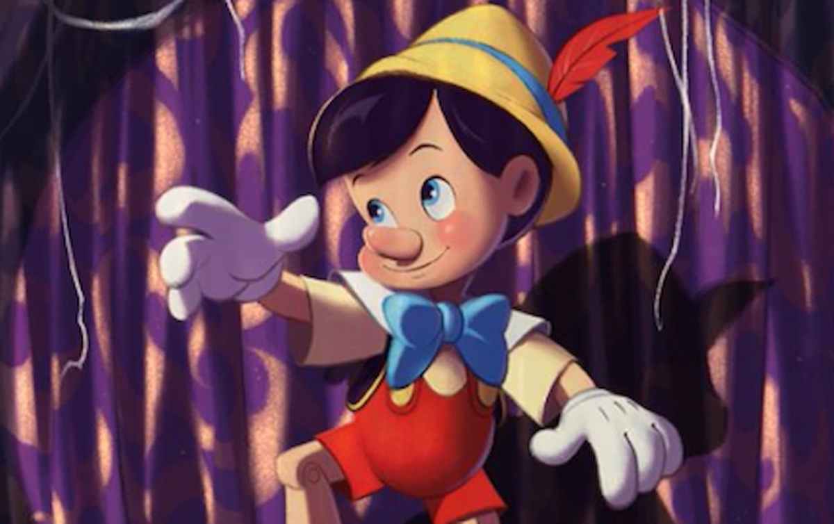 Pinocchio danccing on stage without strings on Lorcana TCG card